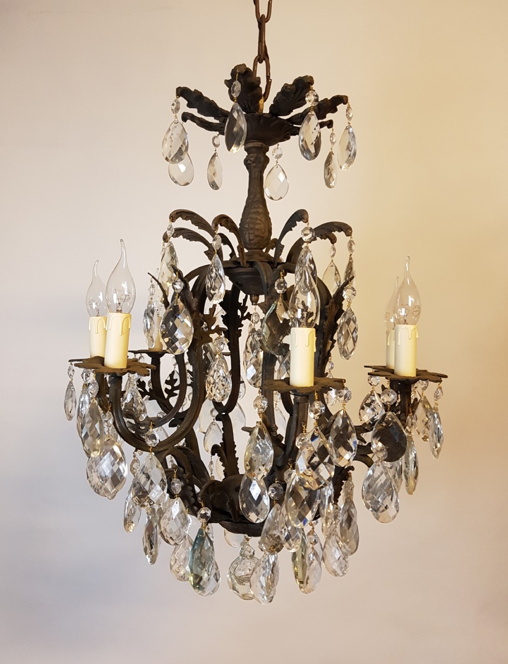 c1900 8 Arm Gilt Brass Crystal Birdcage Chandelier  View VII