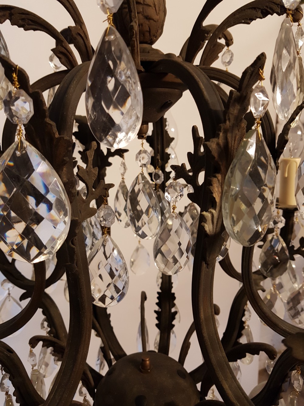 c1900 8 Arm Gilt Brass Crystal Birdcage Chandelier  View VIII