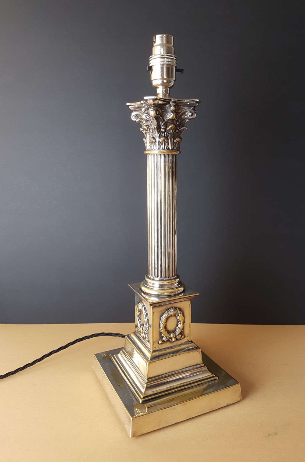 c1900 Distressed Silver Plated Brass Corinthian Column Table Lamp; Rewired and PAT tested  View III