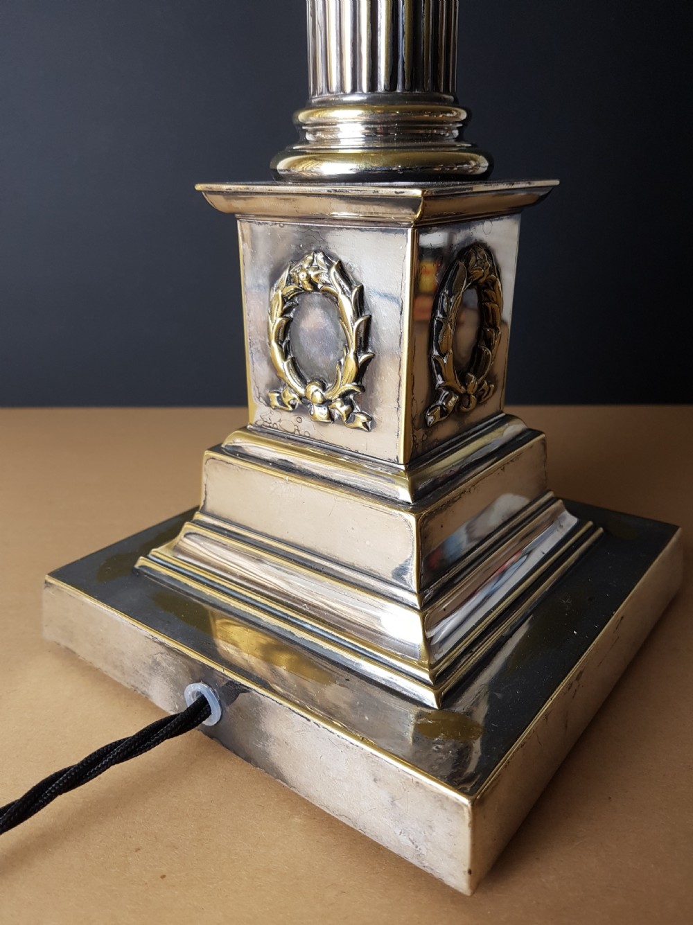 c1900 Distressed Silver Plated Brass Corinthian Column Table Lamp; Rewired and PAT tested  View IV