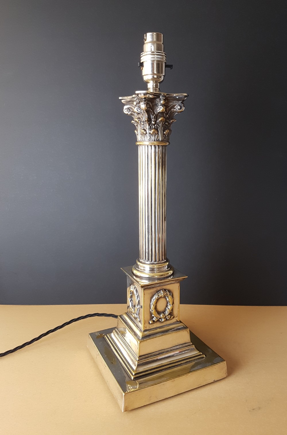 c1900 Distressed Silver Plated Brass Corinthian Column Table Lamp; Rewired and PAT tested 