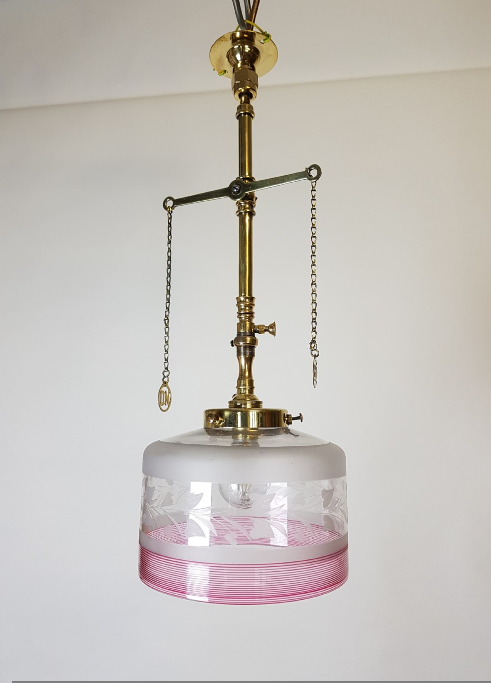 Victorian Brass Gas Pole Ceiling Light with Etched Glass Shade; Rewired 