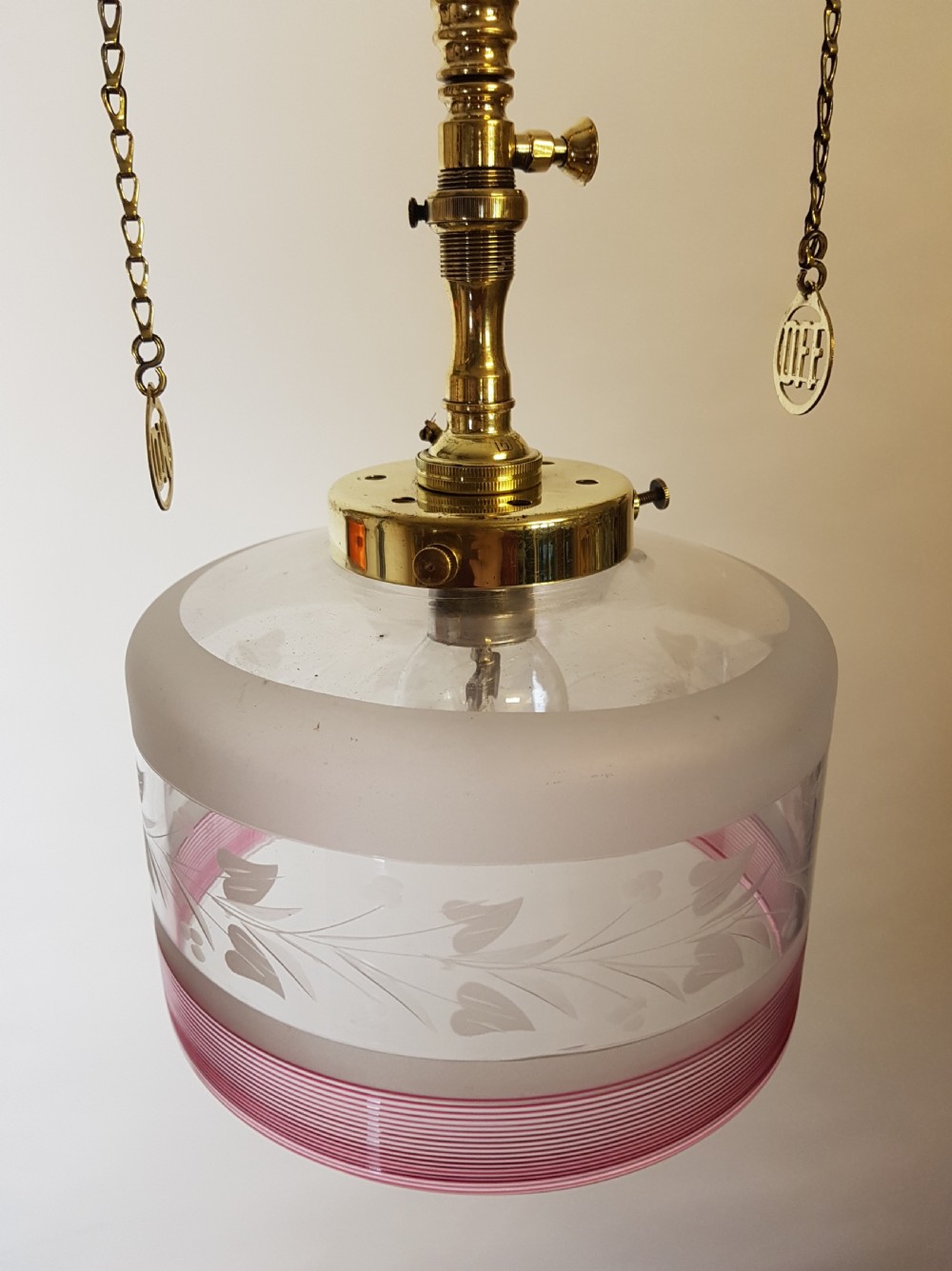 Victorian Brass Gas Pole Ceiling Light with Etched Glass Shade; Rewired  View III