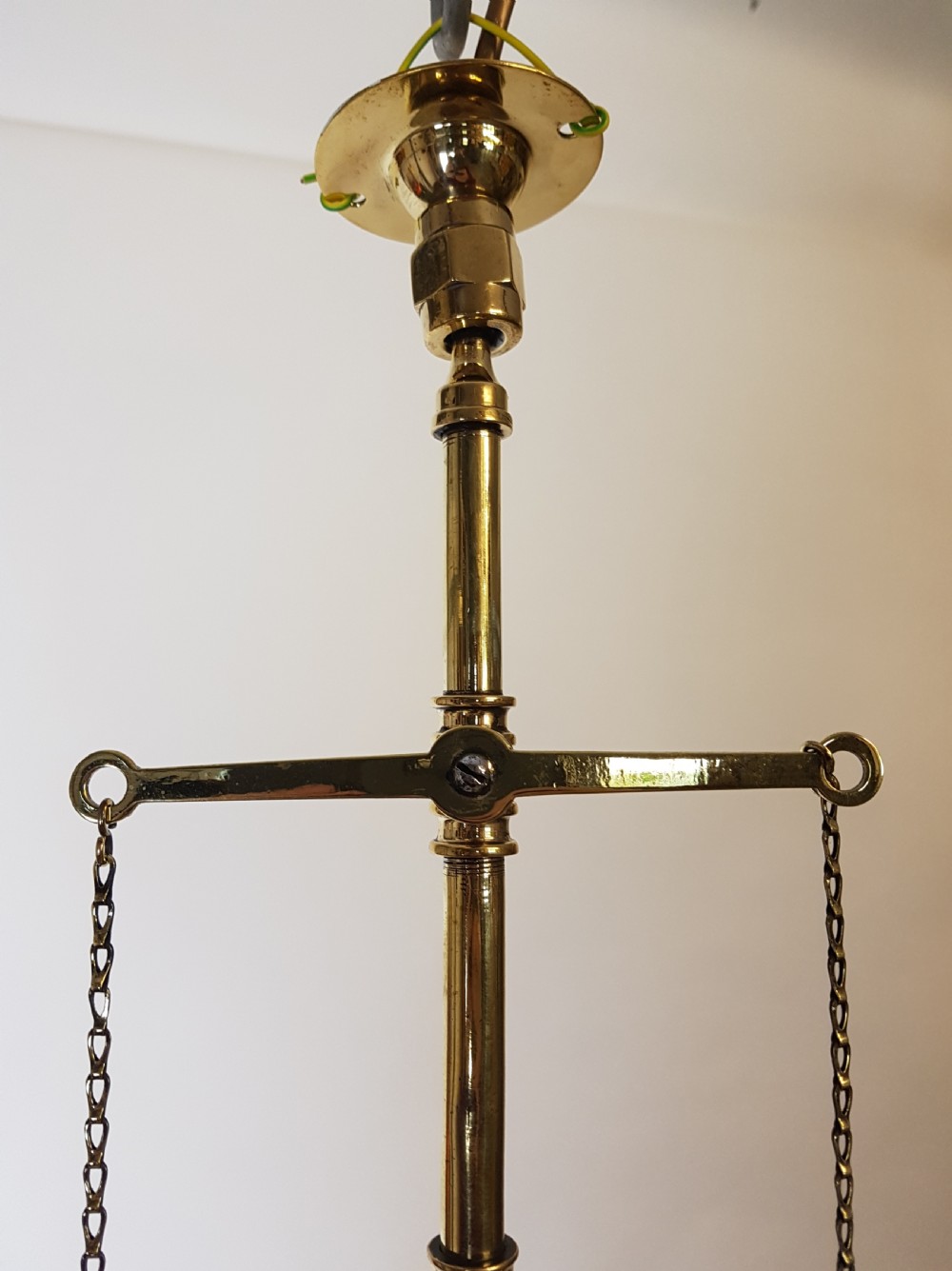 Victorian Brass Gas Pole Ceiling Light with Etched Glass Shade; Rewired  View IV