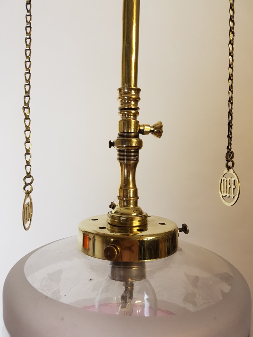 Victorian Brass Gas Pole Ceiling Light with Etched Glass Shade; Rewired  View V
