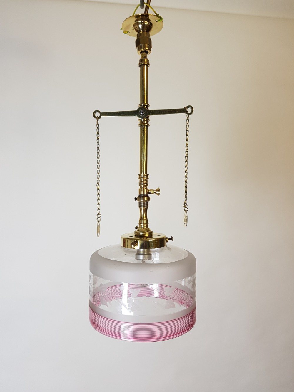 Victorian Brass Gas Pole Ceiling Light with Etched Glass Shade; Rewired  View VI