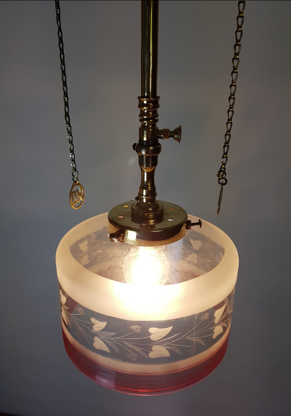 Victorian Brass Gas Pole Ceiling Light with Etched Glass Shade; Rewired  View VIII