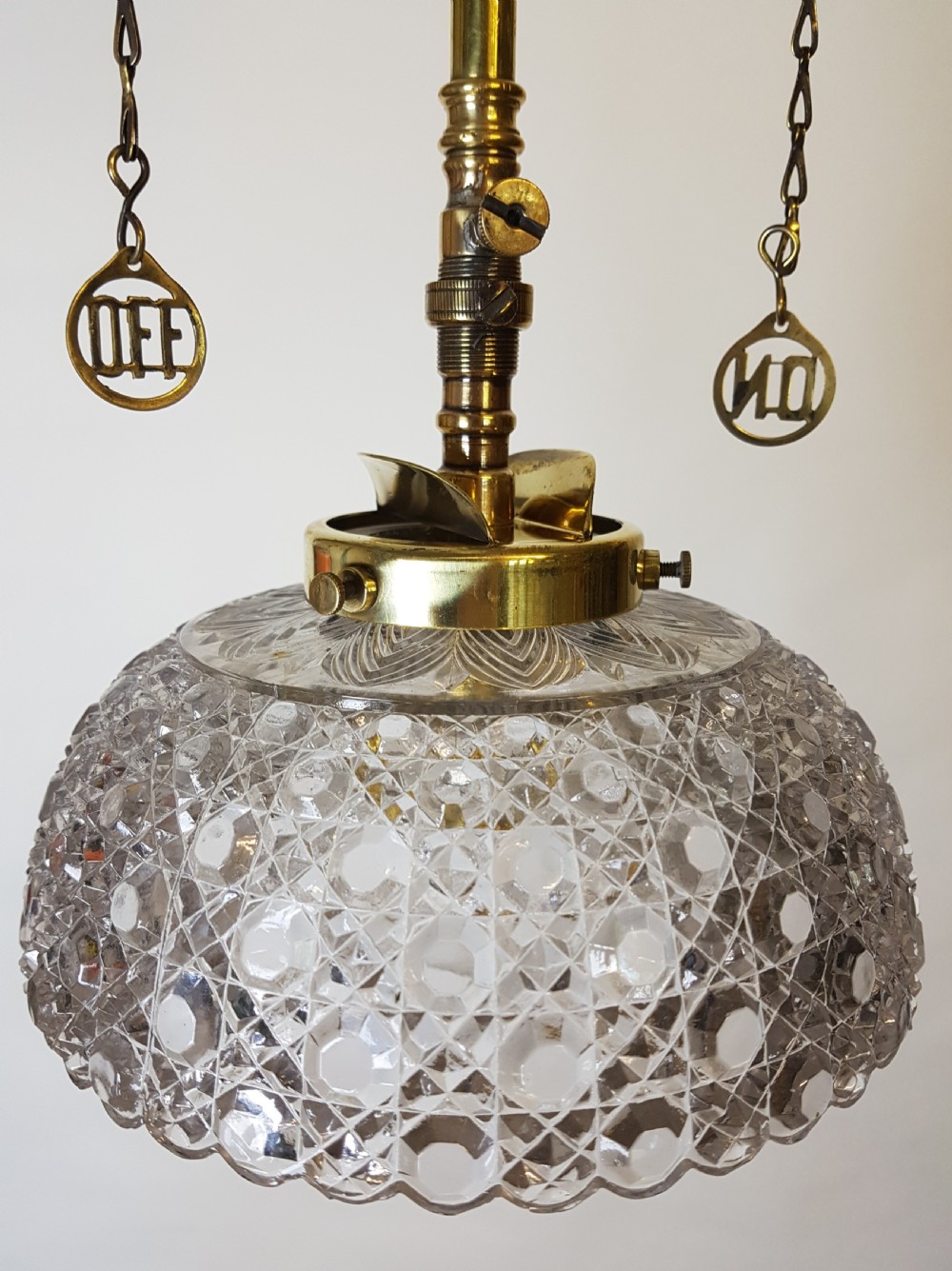 Victorian Brass Gas Pole Ceiling Light with Cut Glass Shade; Rewired  View II