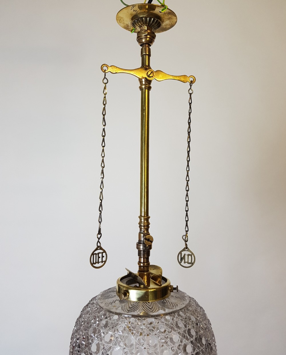 Victorian Brass Gas Pole Ceiling Light with Cut Glass Shade; Rewired  View IV
