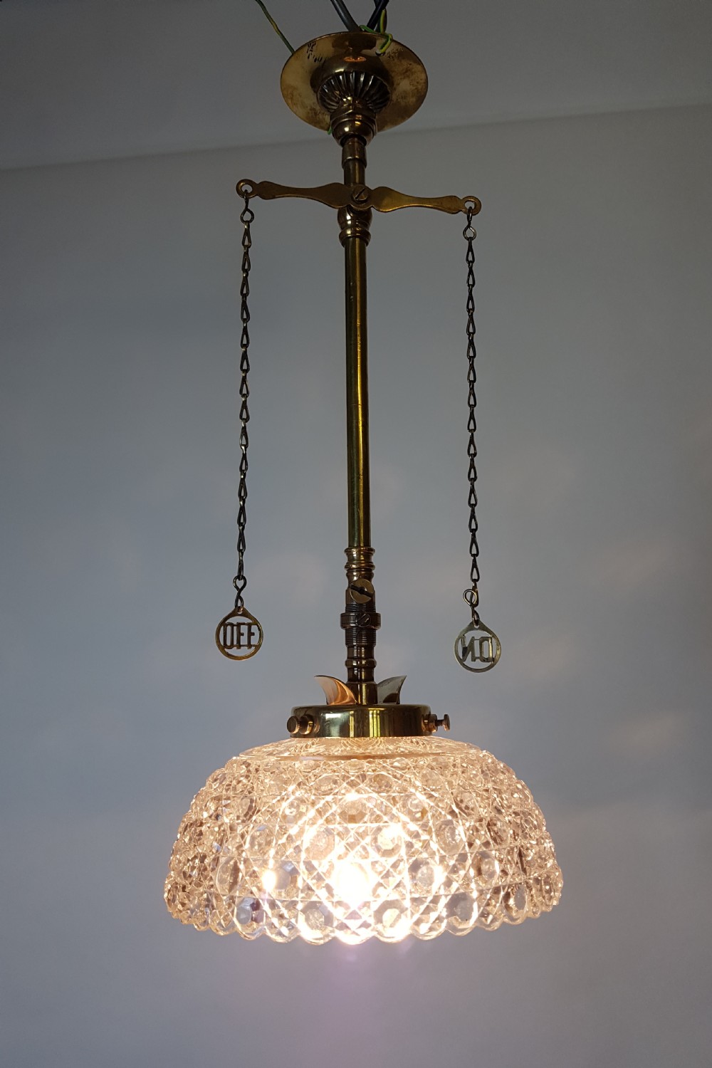 Victorian Brass Gas Pole Ceiling Light with Cut Glass Shade; Rewired  View VI