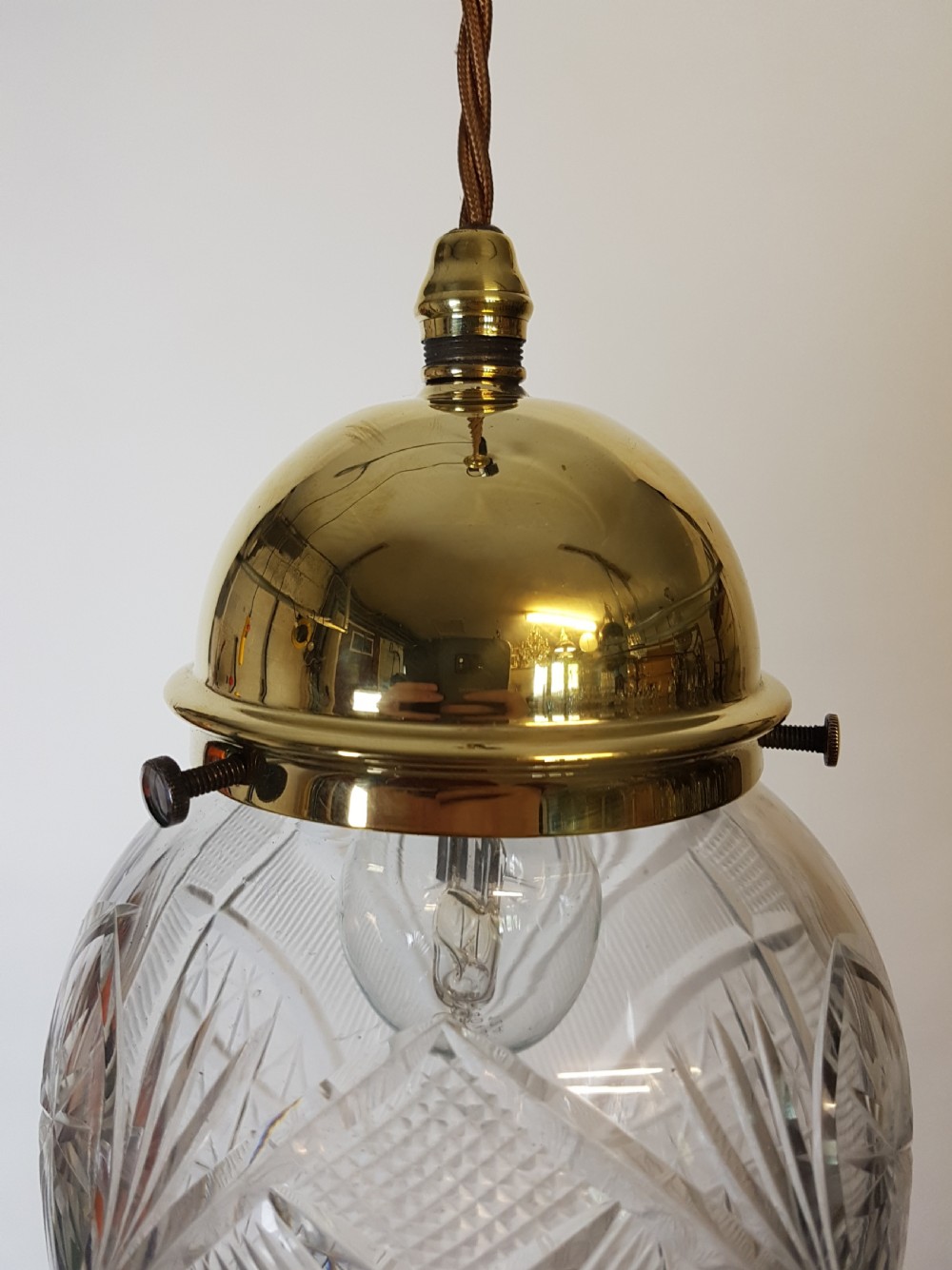 Edwardian Large Cut Crystal Ceiling Light with Original Brass Gallery; Rewired  View VII