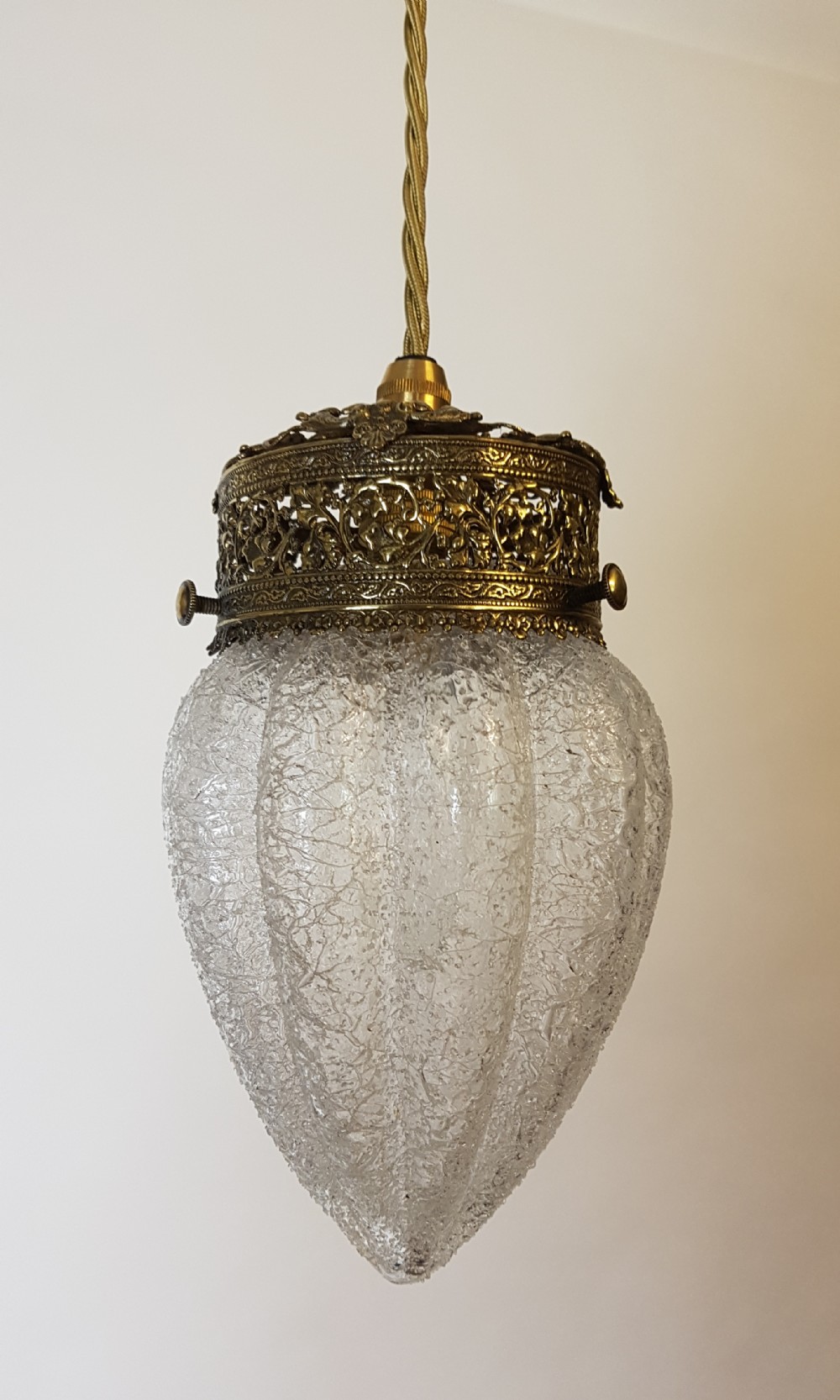 Early Victorian Frosted Glass Ceiling Light with Decorated Brass Gallery; Rewired