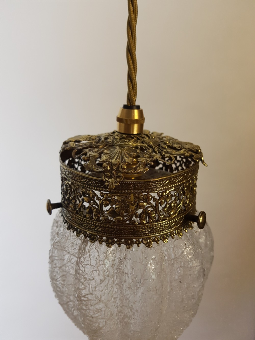 Early Victorian Frosted Glass Ceiling Light with Decorated Brass Gallery; Rewired View III