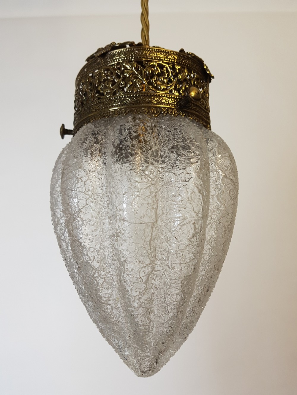 Early Victorian Frosted Glass Ceiling Light with Decorated Brass Gallery; Rewired View IV