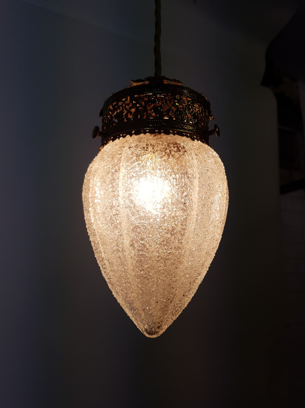 Early Victorian Frosted Glass Ceiling Light with Decorated Brass Gallery; Rewired View VI