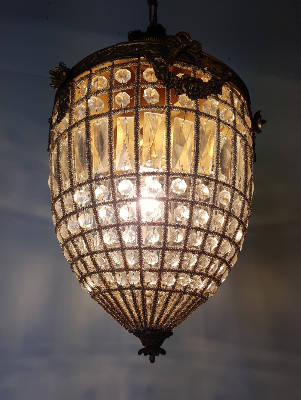 1920s Continental Glass Beaded Hall Lantern; Rewired View VI
