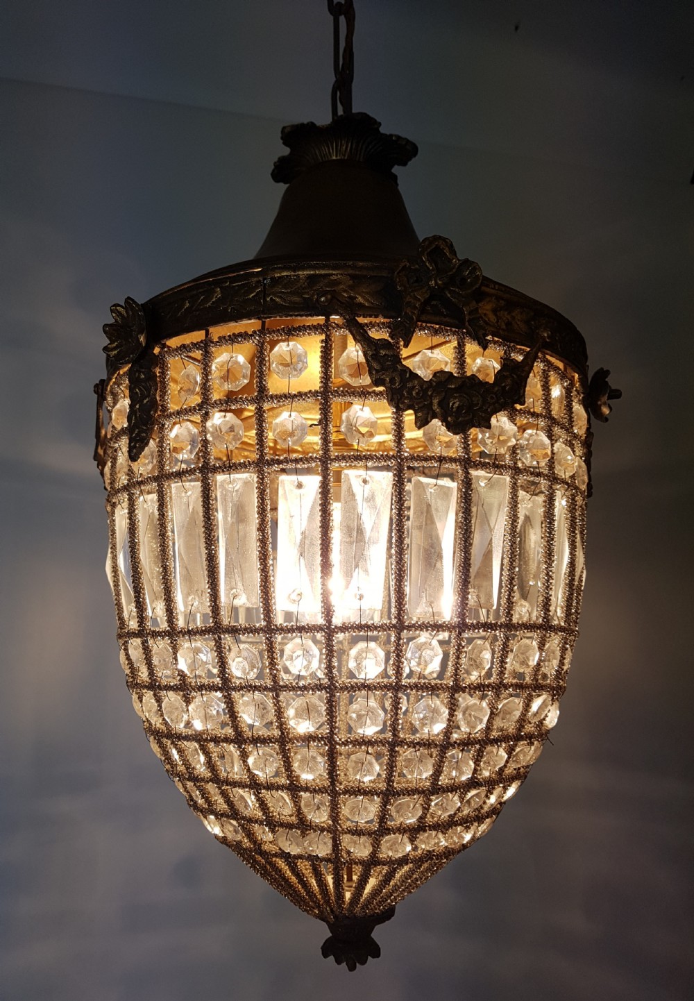 1920s Continental Glass Beaded Hall Lantern; Rewired View VII