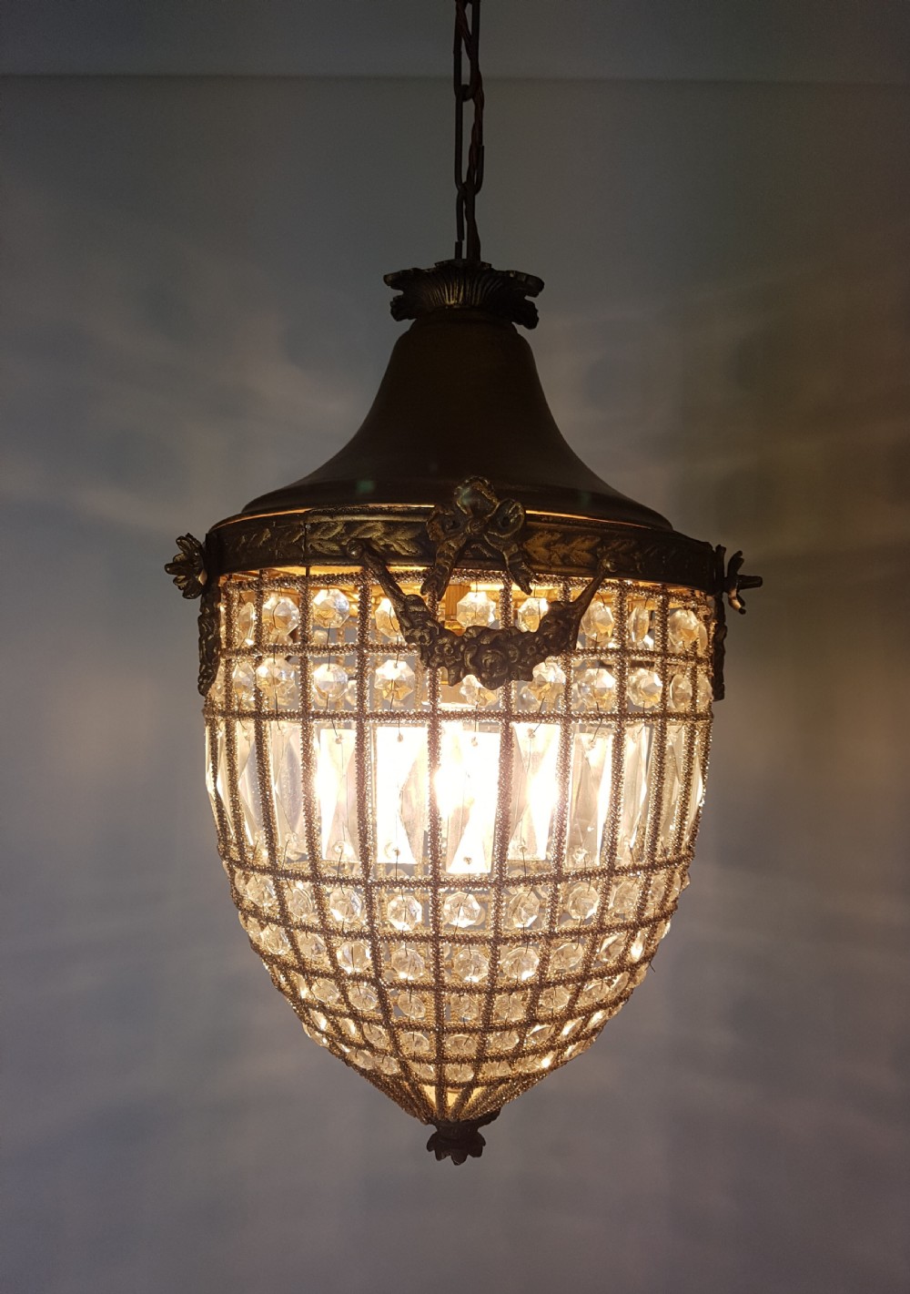 1920s Continental Glass Beaded Hall Lantern; Rewired View VIII