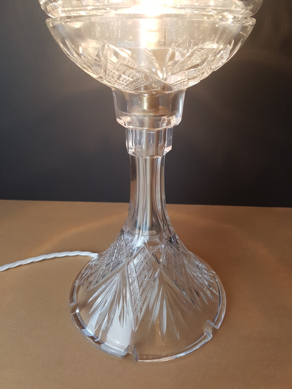 1920's Cut Crystal Mushroom Table Lamp; Rewired and PAT tested  View IV