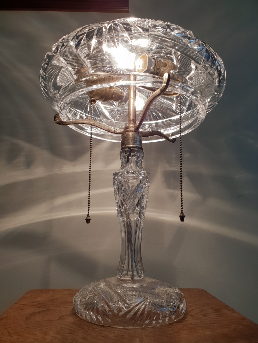 Large c1910 Cut Crystal Mushroom Tiffany Table Lamp with original twin pull switches; rewired and PAT tested