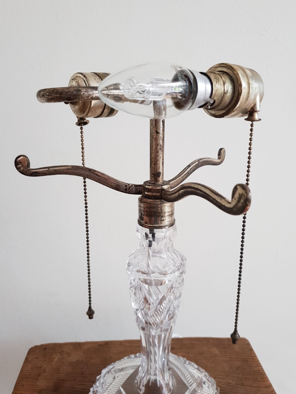 Large c1910 Cut Crystal Mushroom Tiffany Table Lamp with original twin pull switches; rewired and PAT tested View II