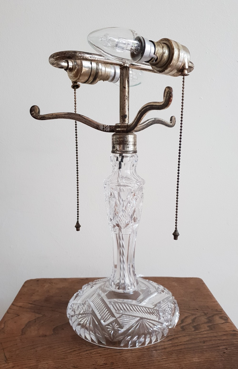 Large c1910 Cut Crystal Mushroom Tiffany Table Lamp with original twin pull switches; rewired and PAT tested View III