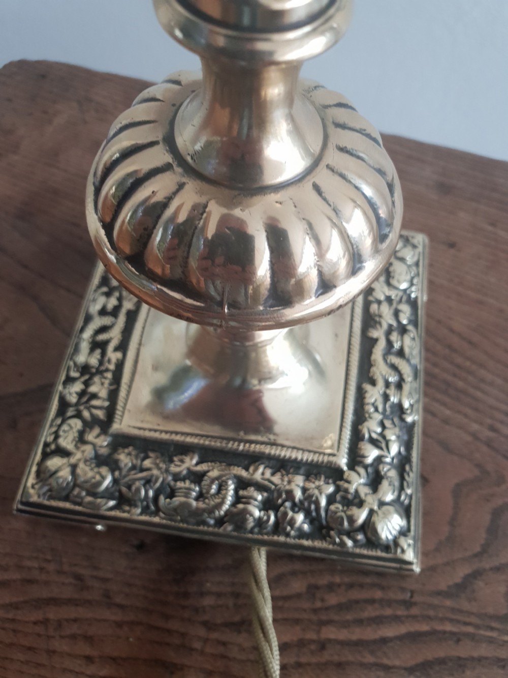 c1900 Decorated Brass Table Lamp; Rewired and PAT tested  View V