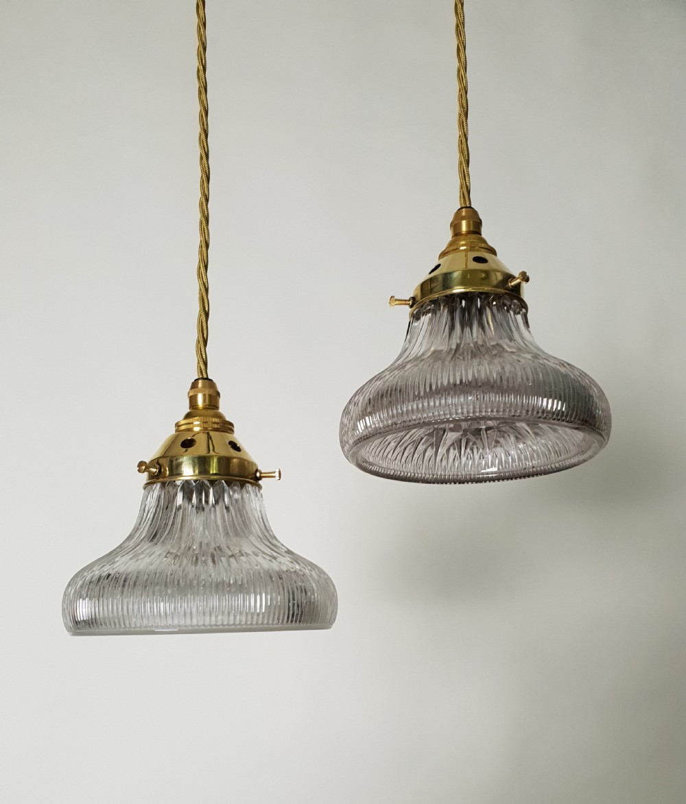 Near Pair of Small Holophane Ceiling Lights, Original Brass Gallery, Rewired 