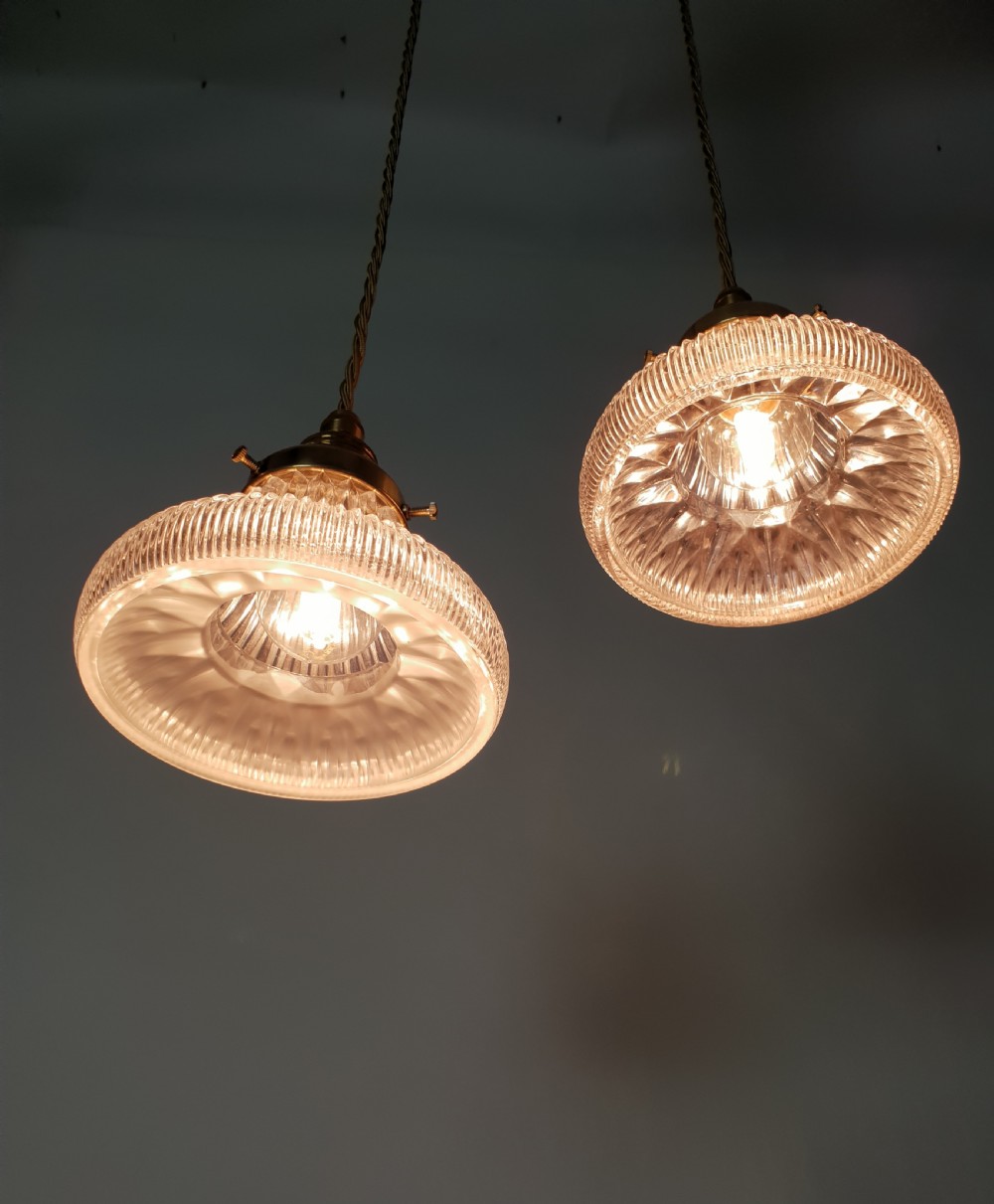 Near Pair of Small Holophane Ceiling Lights, Original Brass Gallery, Rewired  View III