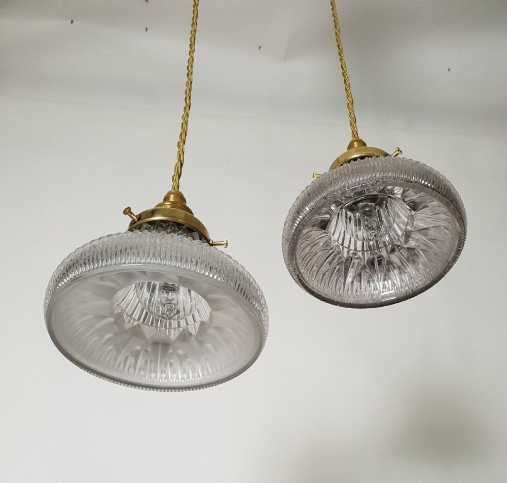 Near Pair of Small Holophane Ceiling Lights, Original Brass Gallery, Rewired  View V