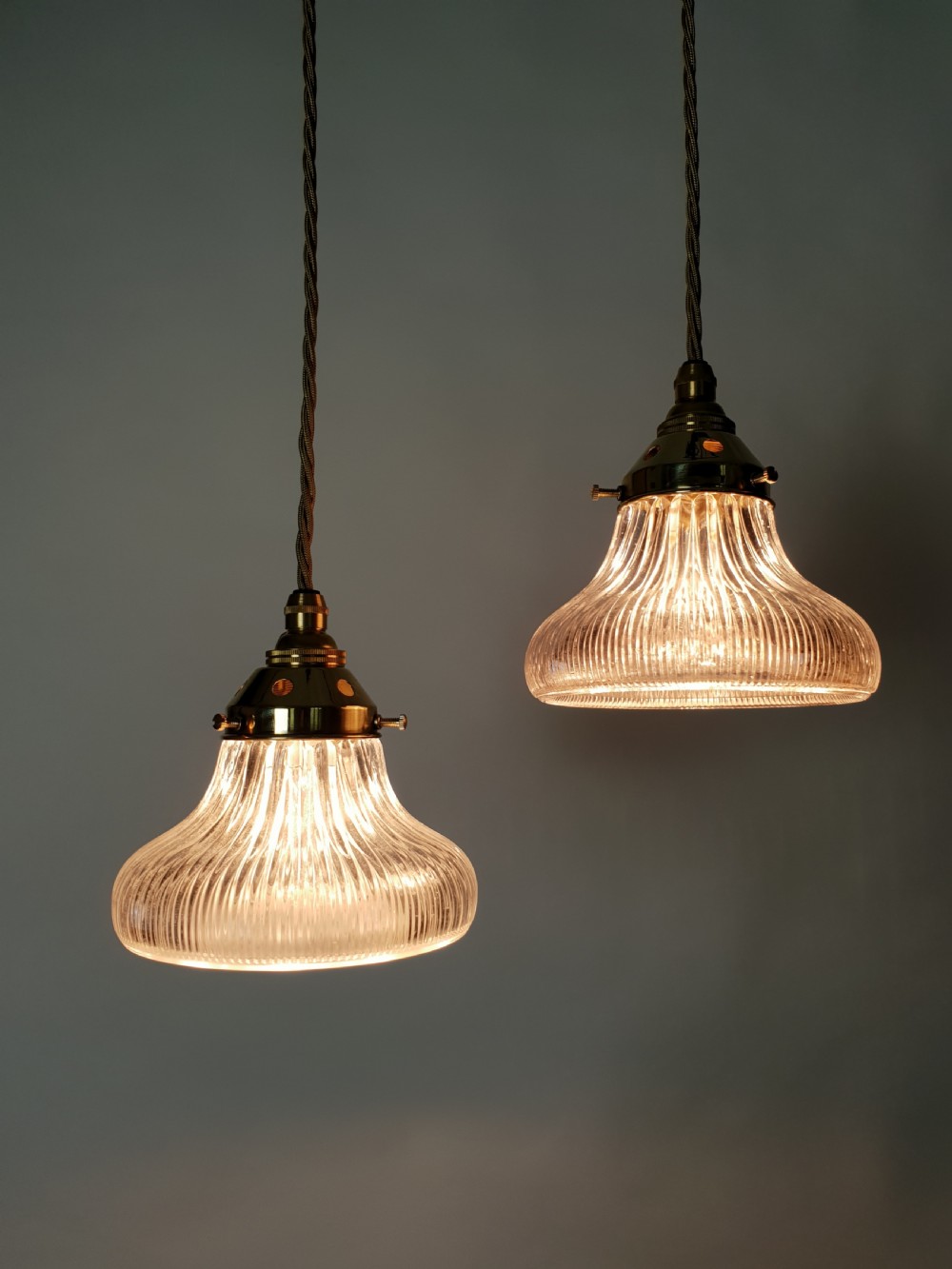 Near Pair of Small Holophane Ceiling Lights, Original Brass Gallery, Rewired  View VII