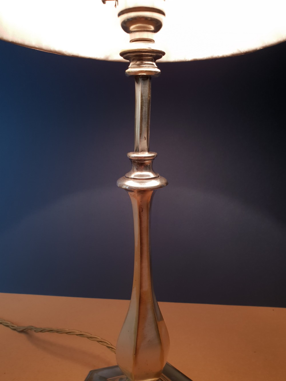 Distressed Silver Plated Brass Table Lamp, Rewired and PAT tested  View VII