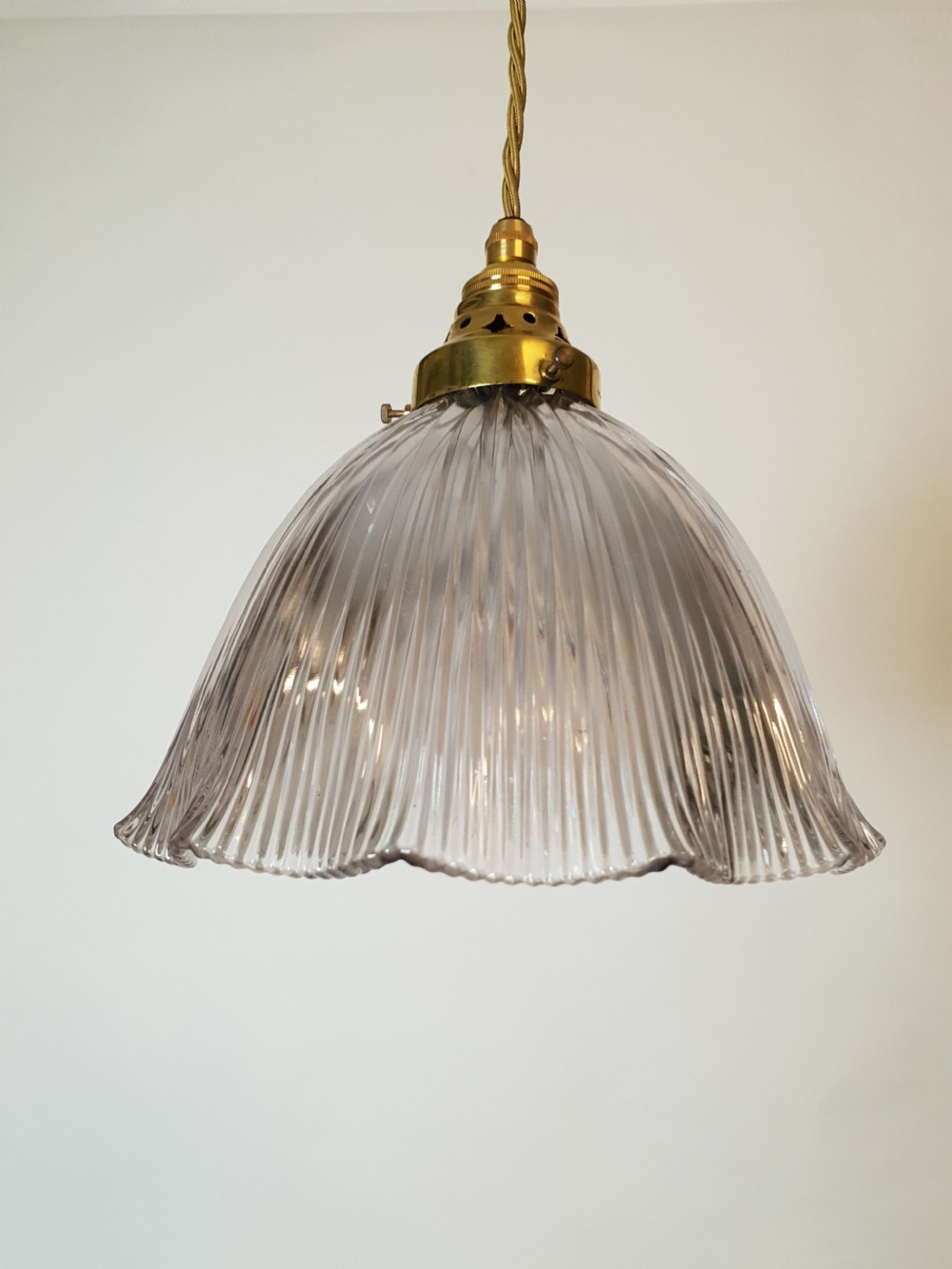 Holophane Ceiling Light with Original Stamped Brass Gallery, Rewired 