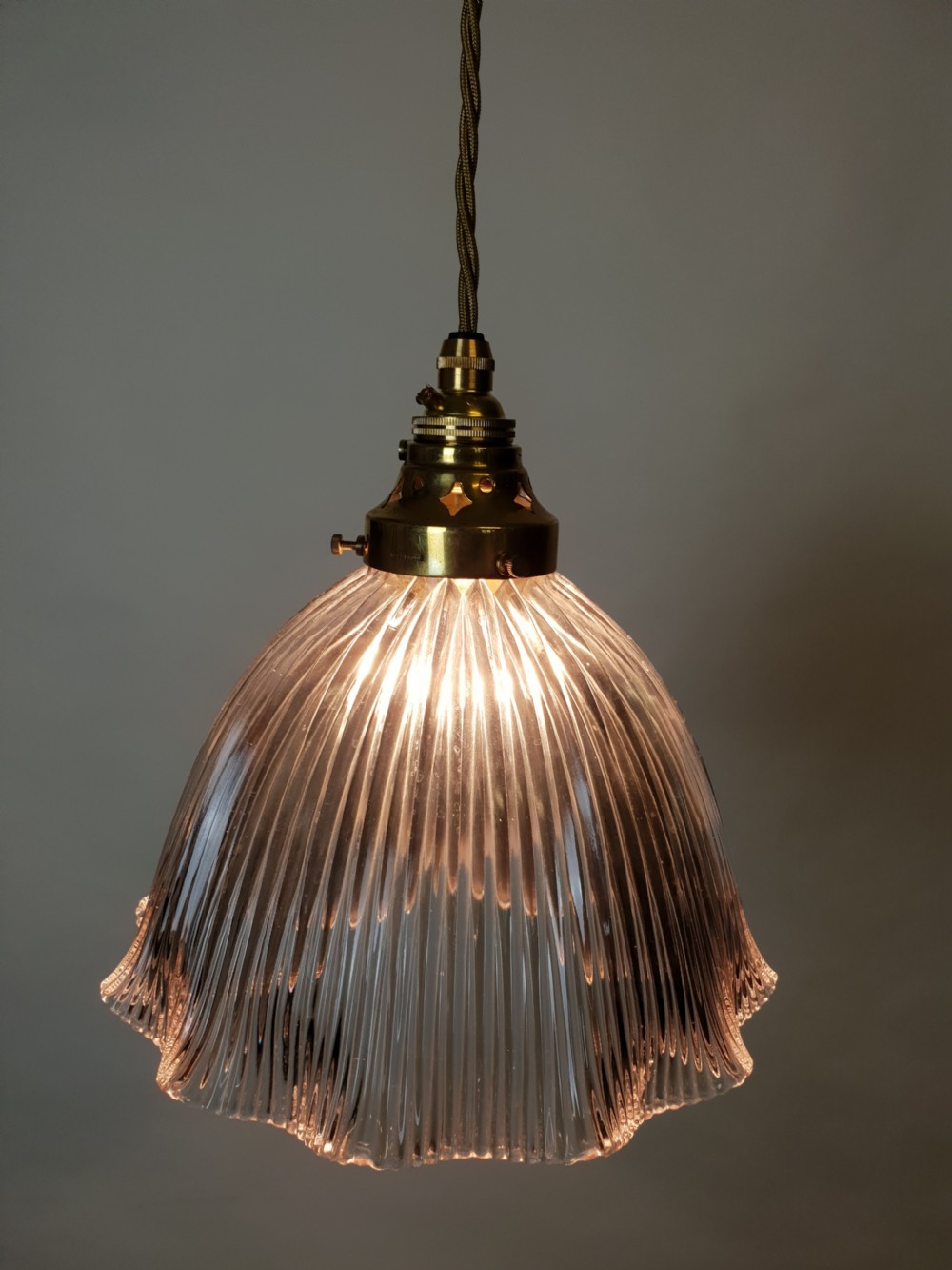 Holophane Ceiling Light with Original Stamped Brass Gallery, Rewired  View II