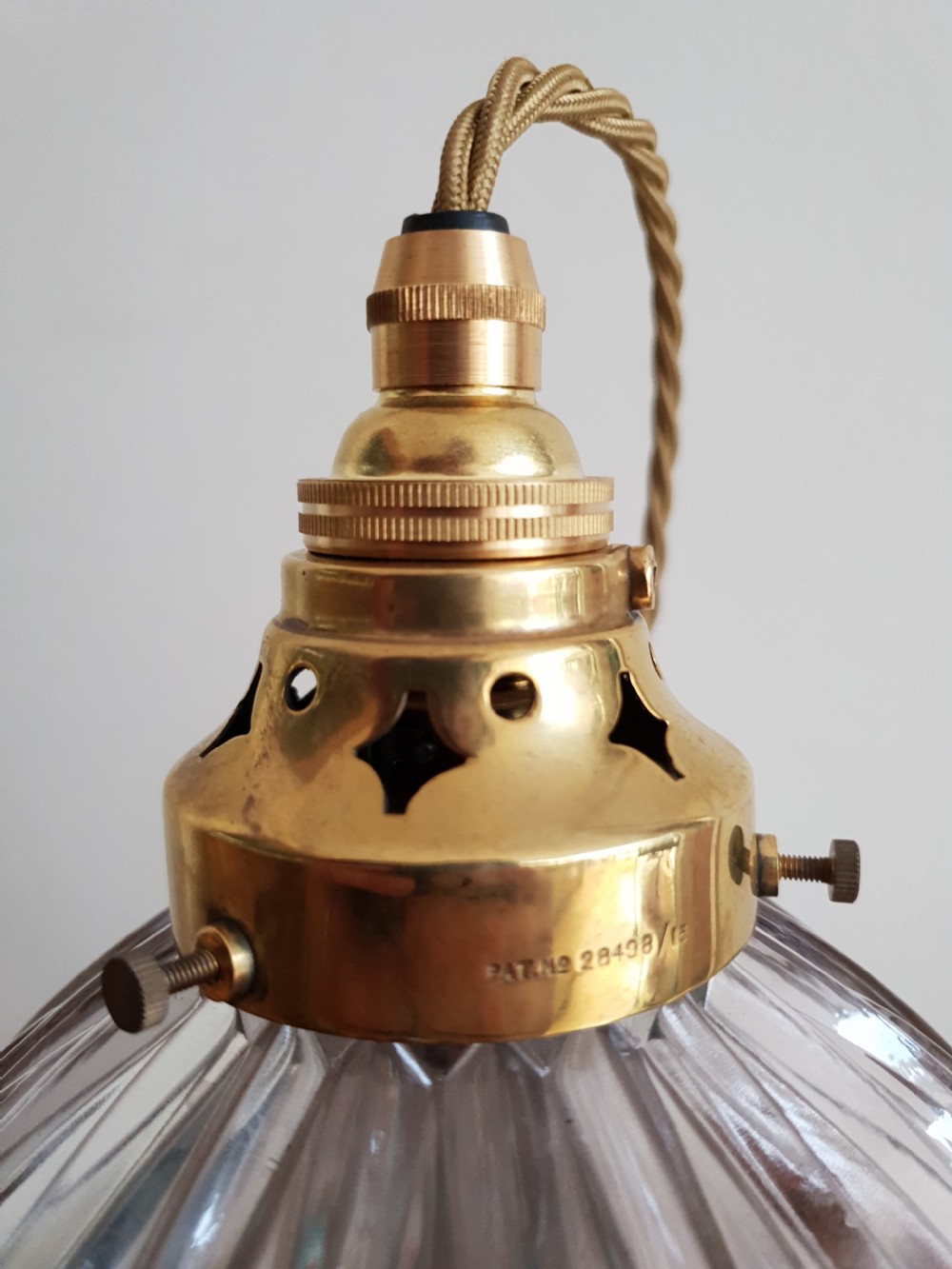 Holophane Ceiling Light with Original Stamped Brass Gallery, Rewired  View III