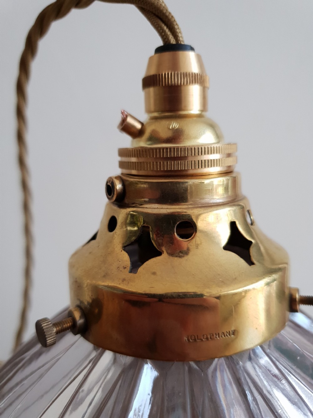 Holophane Ceiling Light with Original Stamped Brass Gallery, Rewired  View IV
