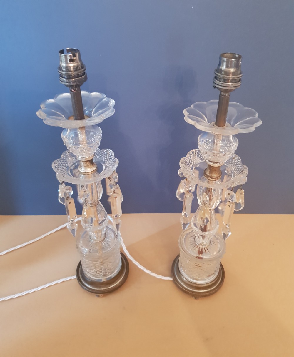 Pair of 1920's Cut Glass Crystal Table Lamps, Rewired and PAT tested  View III