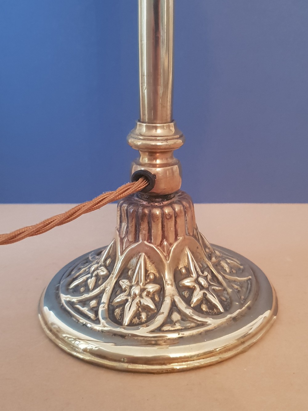 Brass Table Lamp with Decorated Base, Rewired and PAT tested  View II