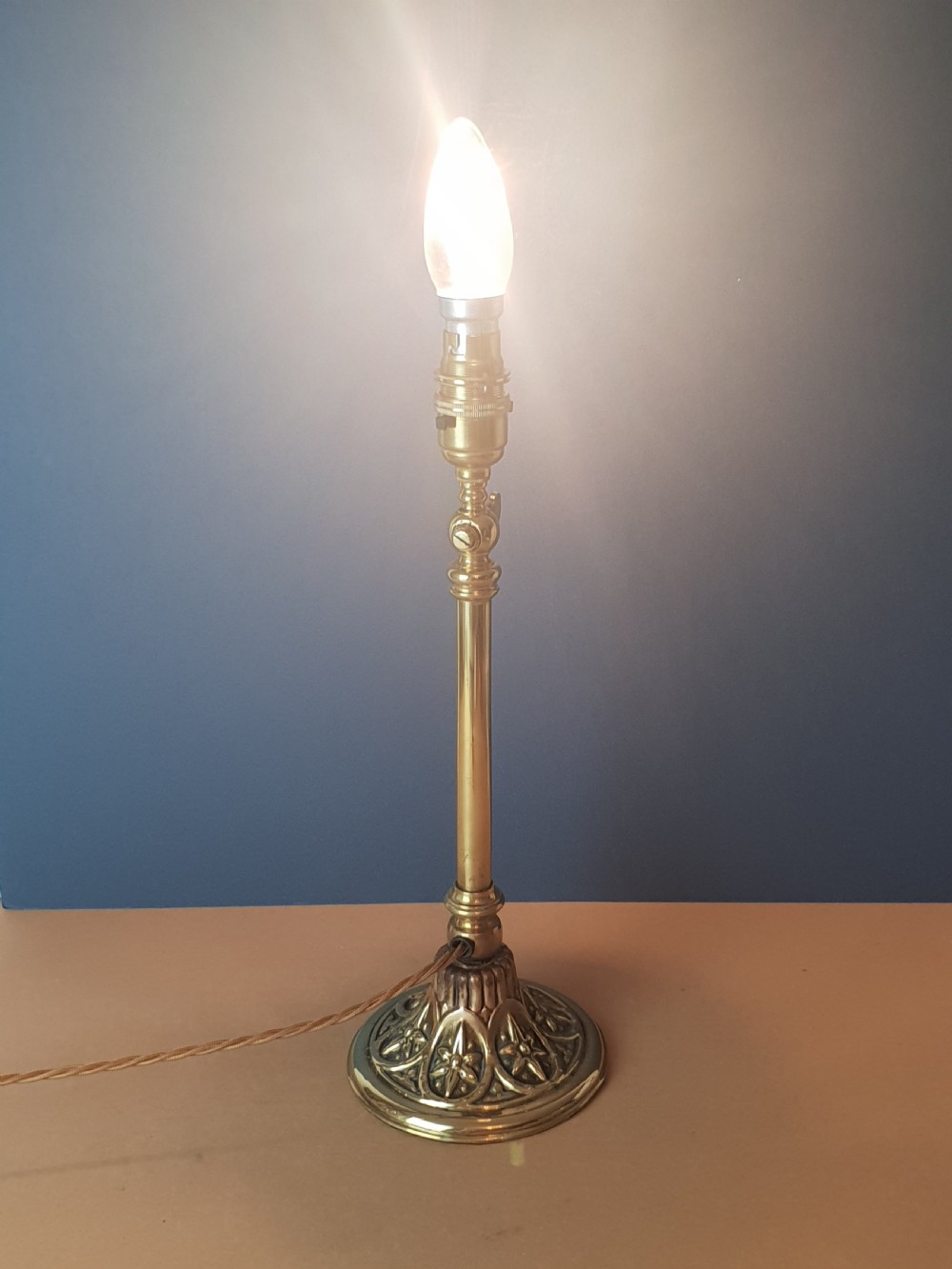 Brass Table Lamp with Decorated Base, Rewired and PAT tested  View III