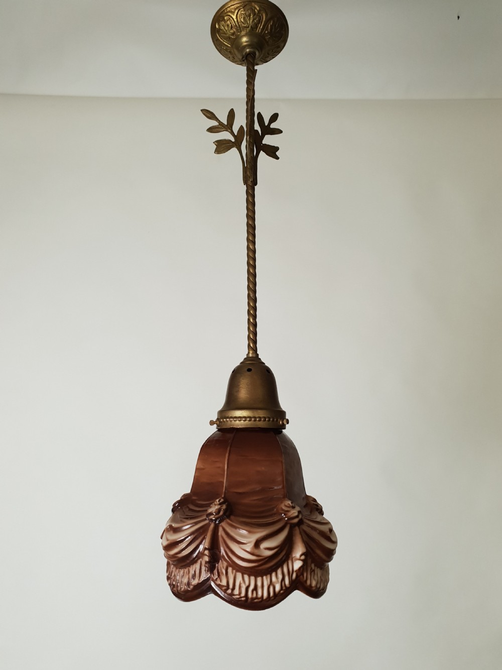 c1910 Dutch Guilded Ceiling Light with Original Ceramic Shade 