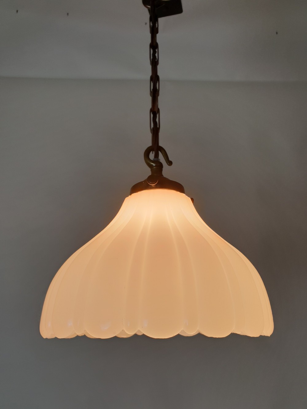 Moonstone Ceiling Light with Original Aged Brass Gallery, Rewired  View II