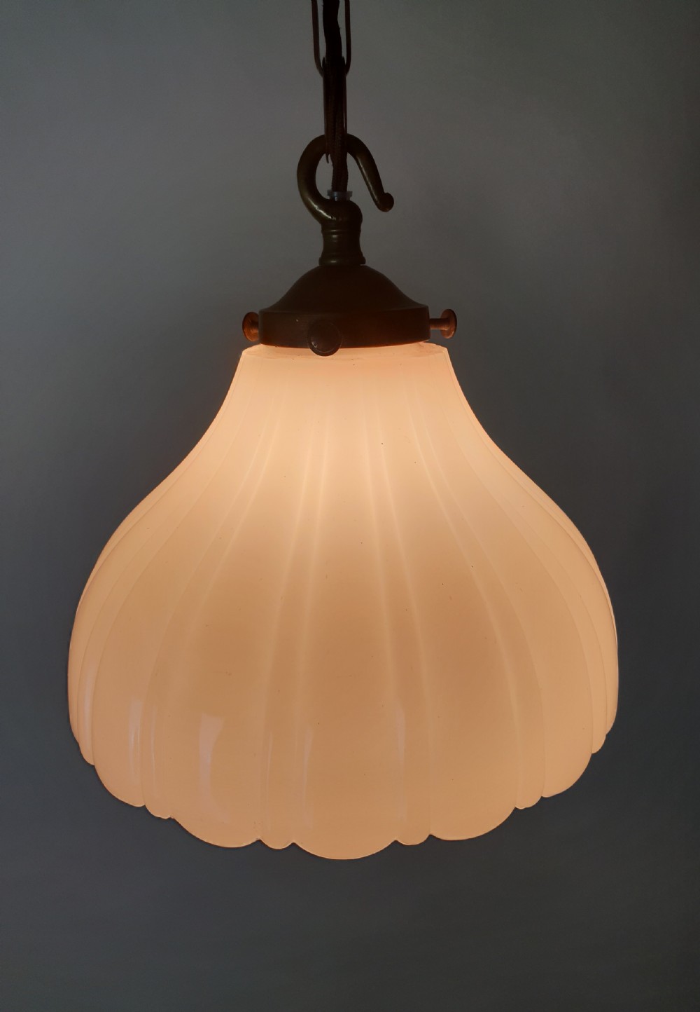Moonstone Ceiling Light with Original Aged Brass Gallery, Rewired  View III