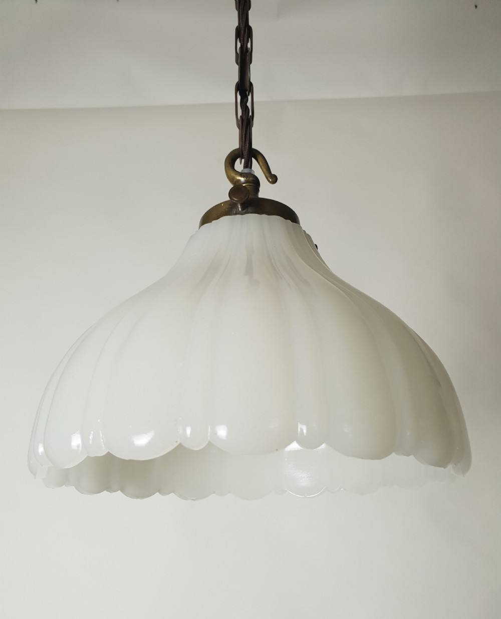 Moonstone Ceiling Light with Original Aged Brass Gallery, Rewired  View IV