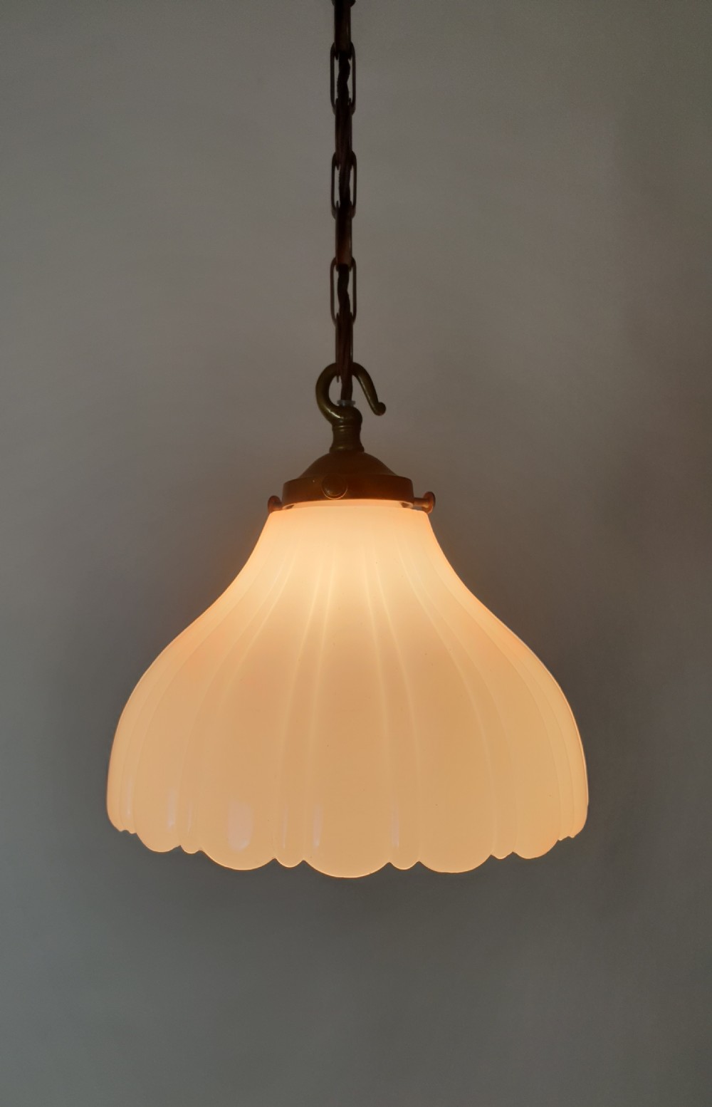 Moonstone Ceiling Light with Original Aged Brass Gallery, Rewired  View V