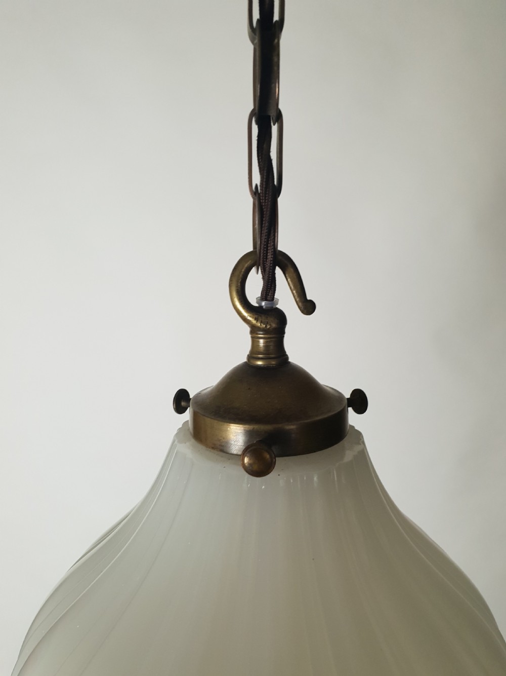 Moonstone Ceiling Light with Original Aged Brass Gallery, Rewired  View VI