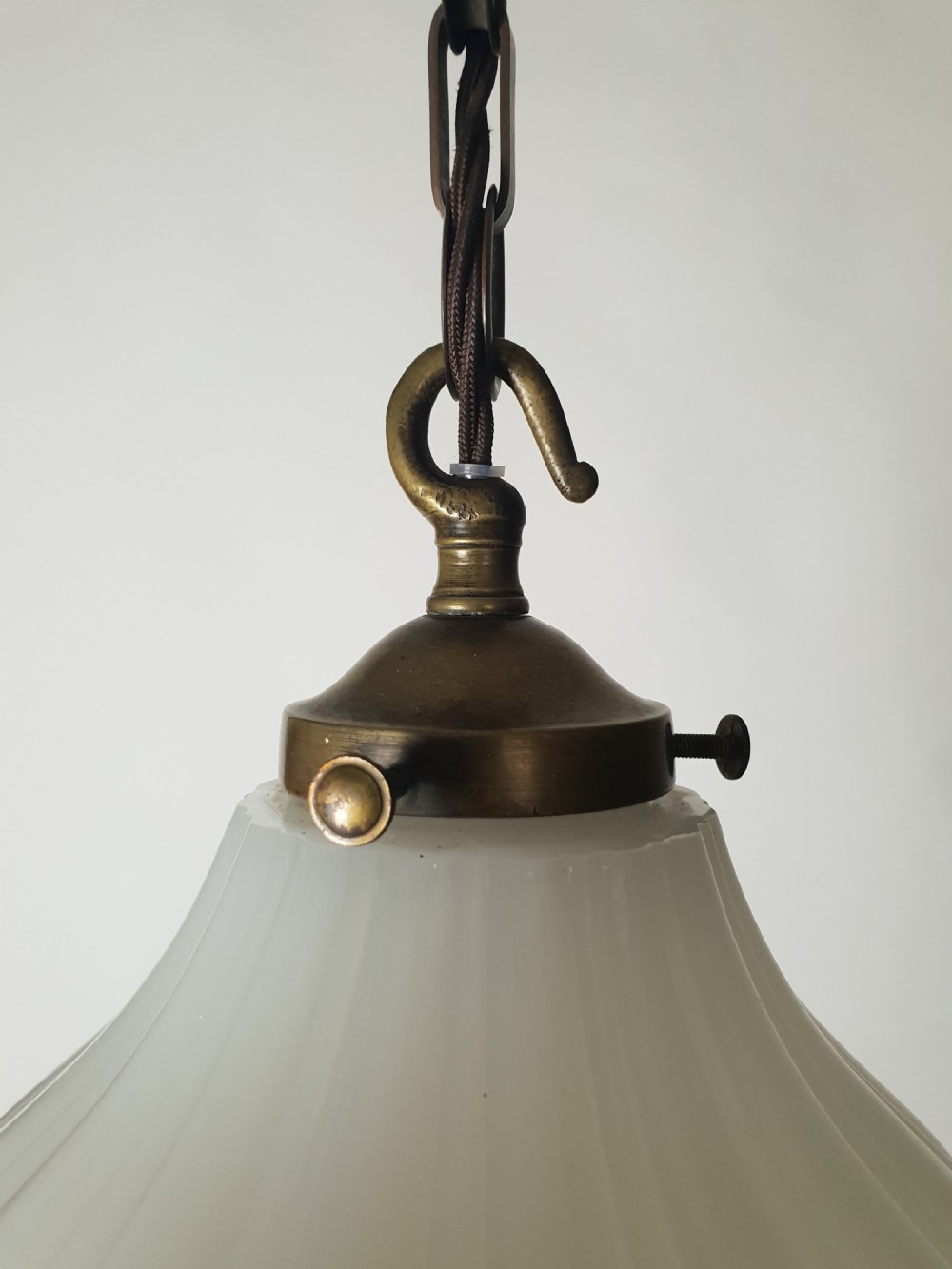 Moonstone Ceiling Light with Original Aged Brass Gallery, Rewired  View VII