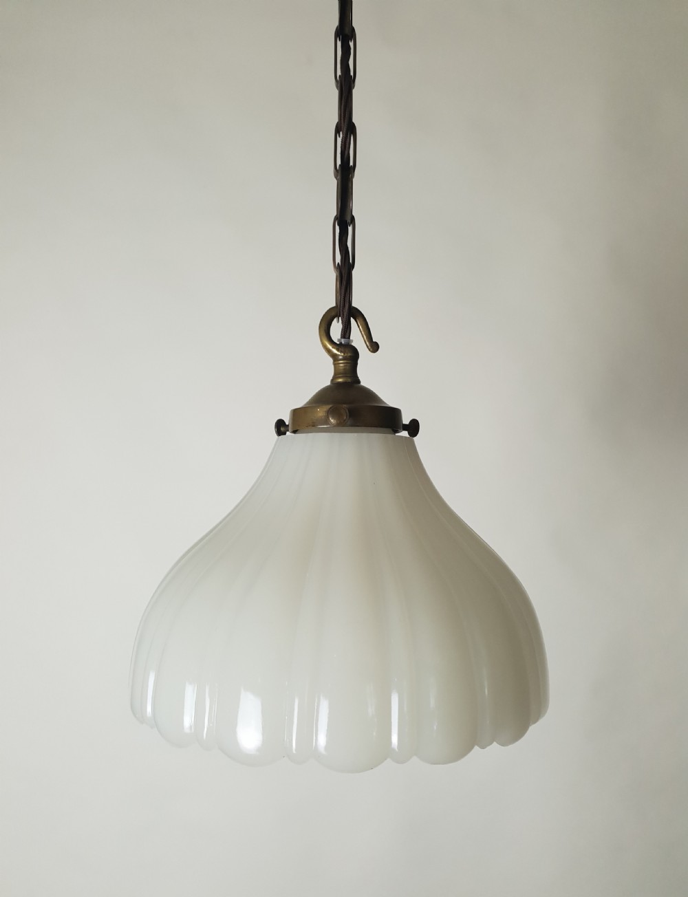 Moonstone Ceiling Light with Original Aged Brass Gallery, Rewired  View IX