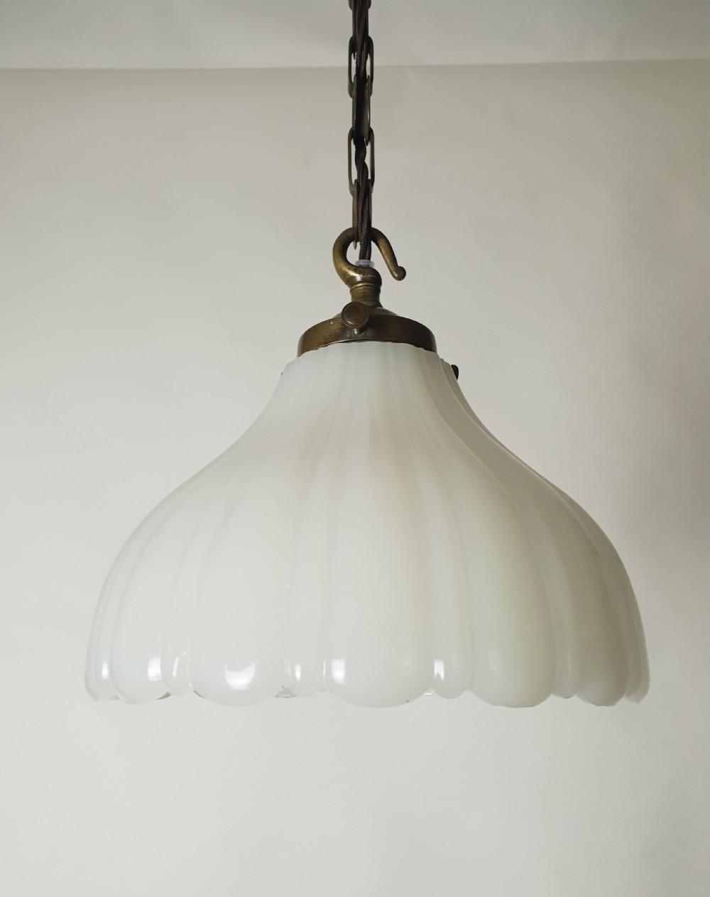 Moonstone Ceiling Light with Original Aged Brass Gallery, Rewired  View XI