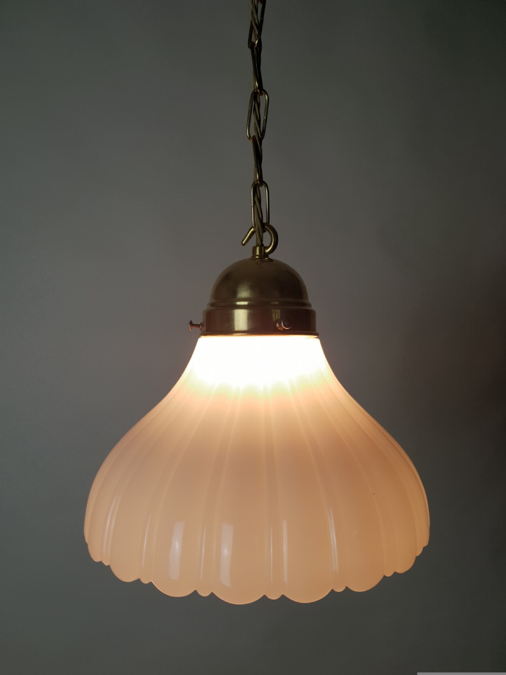 Large Moonstone Ceiling Light with Original Brass Gallery, Rewired  View II