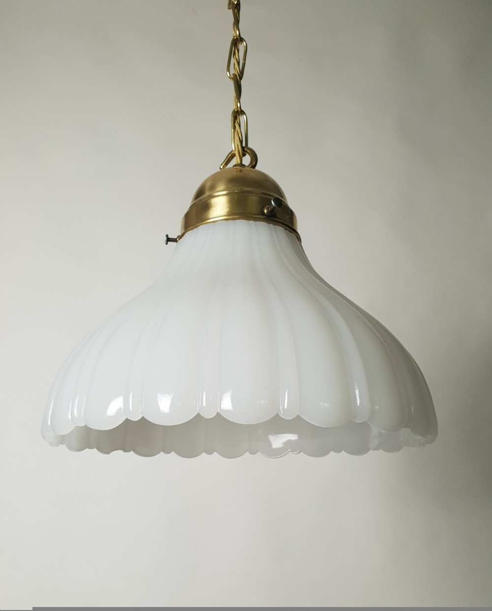 Large Moonstone Ceiling Light with Original Brass Gallery, Rewired  View III